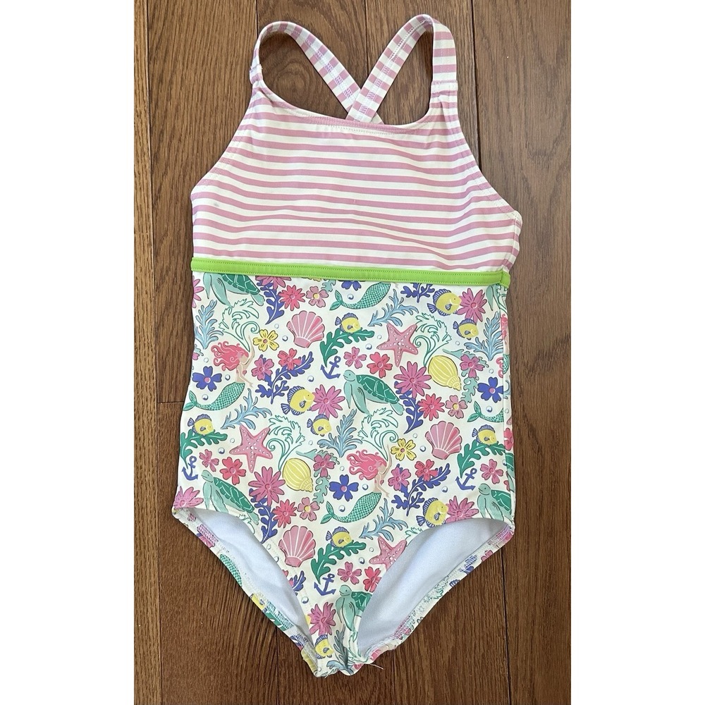 Mini Boden Girls 4-5Y One Piece Swimsuit Mermaid Sea Life Turtles Pink Stripe